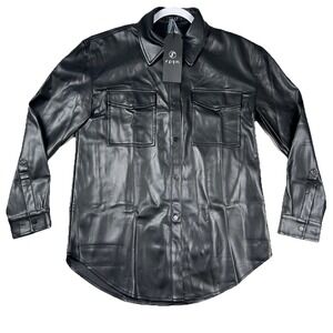 Spym Faux Leather Shirt Womens 8 Snap Shacket Soft Lined Vegan Black